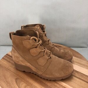Sorel Evie Womens Wedge Ankle Boots Tan Suede Lace Up Casual Booties Size 9